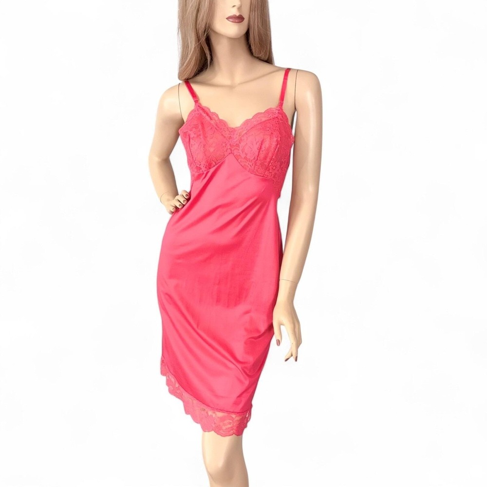 Vintage 60s Pink Nylon Slip Dress Size XS Lace‎ Chiffon Bodice